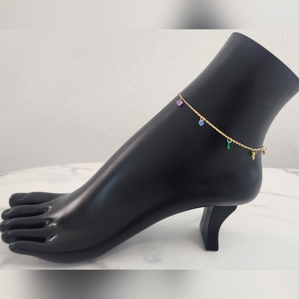Gold Plated Anklet BraceletWith Colorful Crystal Gemstones Summer Accesories - Picture 5 of 14